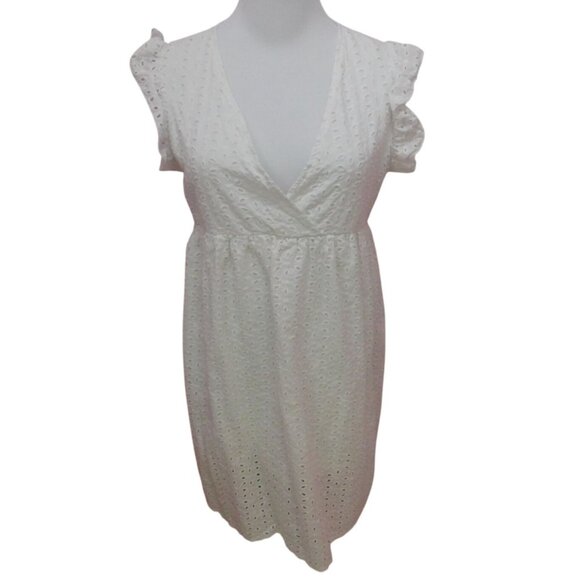 White Eyelet Flutter Sleeve V-Neck Dress Womens L Cotton Blend - Picture 1 of 10